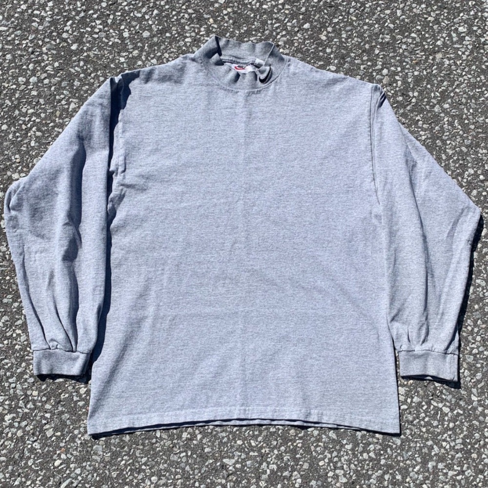 Vtg 90s Nike Mini Swoosh Mock Neck Long Sleeve Shirt L USA Made Grey Distressed